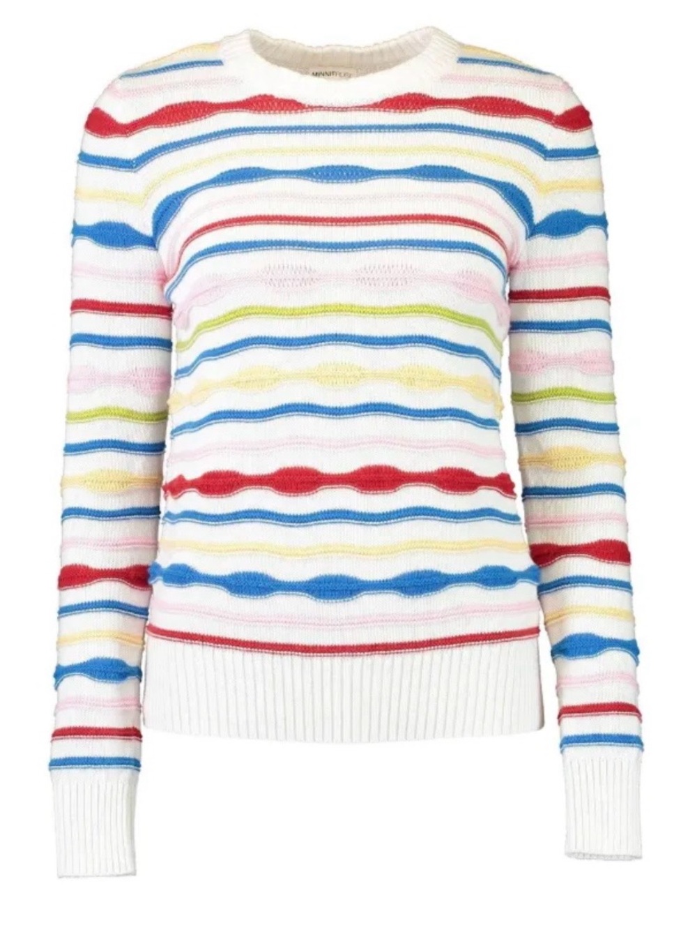 Minnie Rose Striped Crewneck Sweater in White with Multicolor Waves